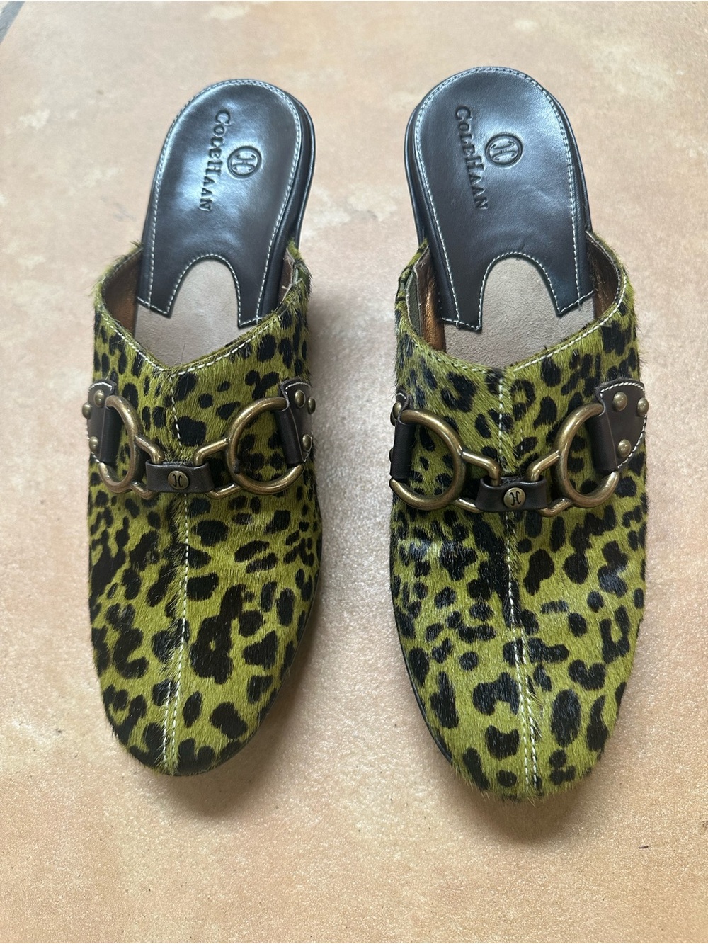 Cole Haan Green Leopard Calf Hair Wedge Mules, Brass-Tone Horsebit, 7B
